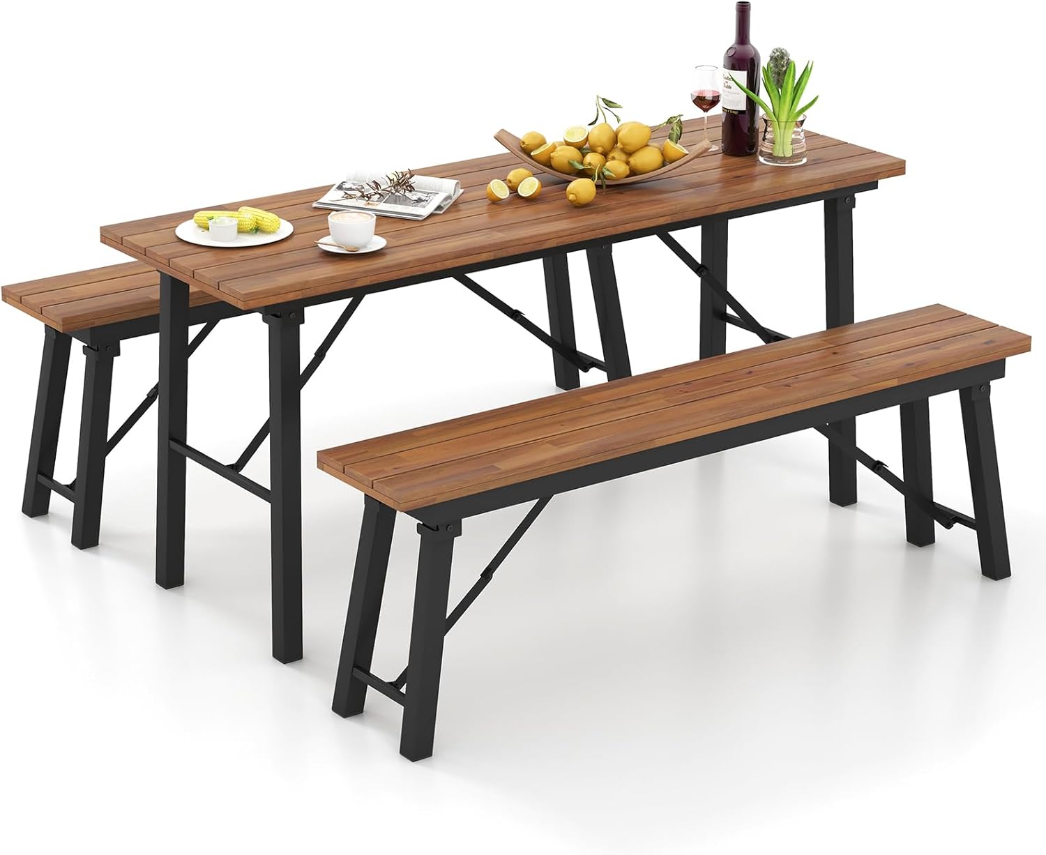 Tangkula Outdoor Dining Table With Benches for 4-6 Persons, No Assembly Foldable 59 Inches Narrow Patio Dining Table with Acacia Wood Top & Heavy Duty Metal Frame, for Yard, Garden, Poolside or Indoor