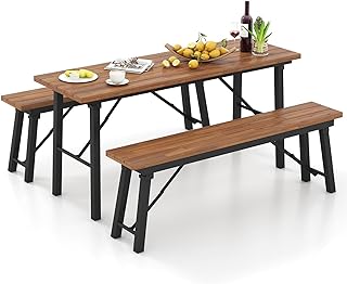 Tangkula Outdoor Dining Table With Benches for 4-6 Persons, No Assembly ...