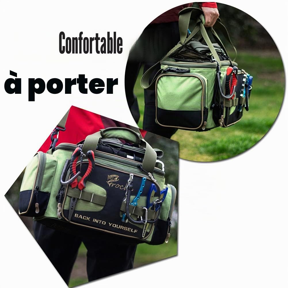 Croch Sac de pêche pour matériel de pêche et Accessoires de pêche avec Ceinture et bandoulière Vert armée Ceinture et bandoulière Vert armée (Sac de pêche avec 8 boîtes de pêche)