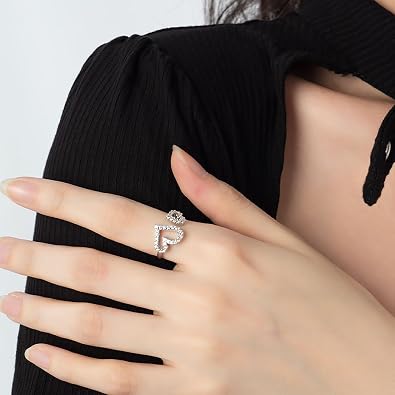 Silver Heart Ring for Women Hollow Adjustable Double Heart CZ Open Ring Dainty Cute Heart-shaped Rings