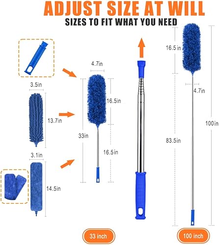 Miniatura 2 de Plumero de microfibra, 6 plumeros lavables y flexibles con poste telescópico de 100 pulgadas, limpiador de telaraña para ventiladores de techo,