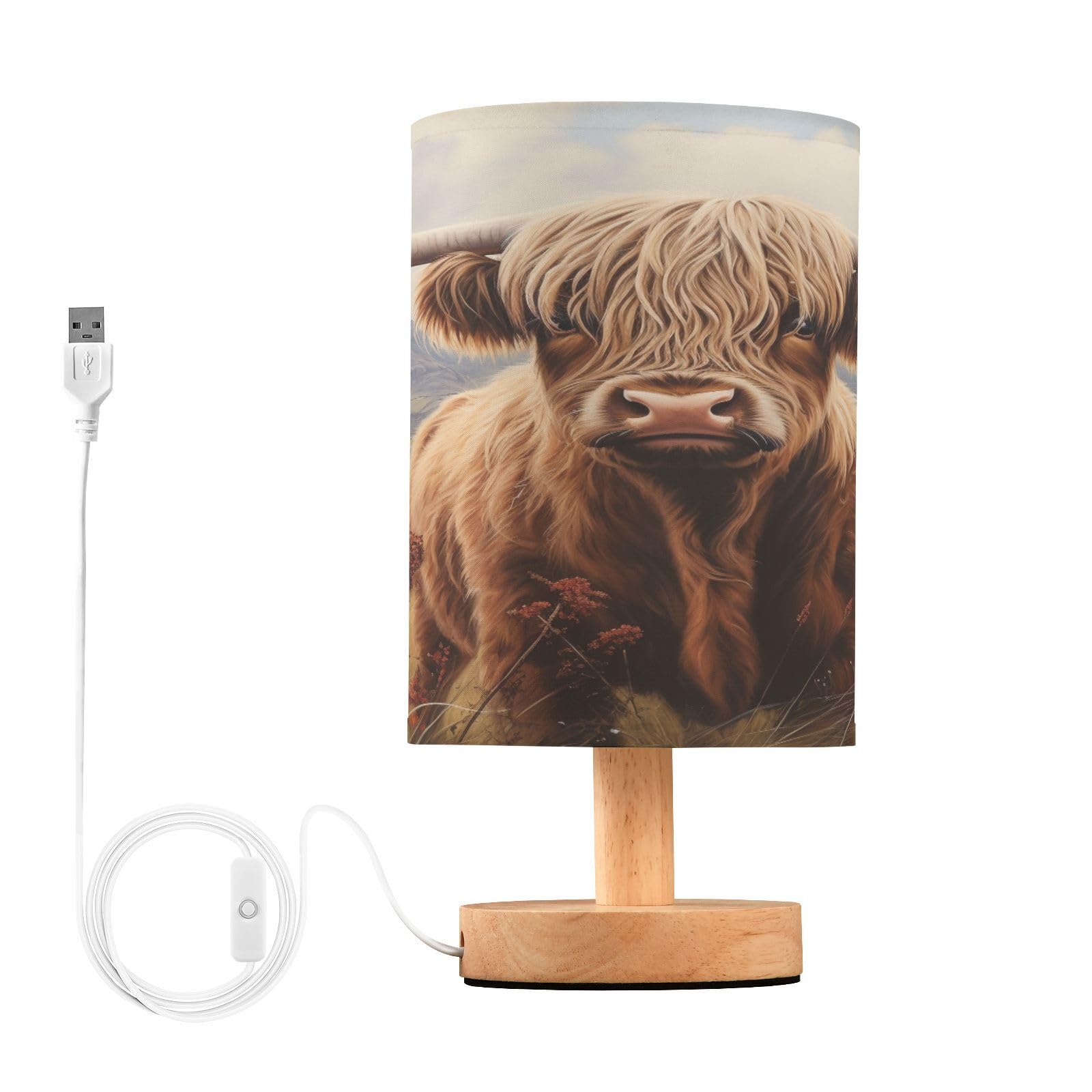 ALAZA Scotland Cattle Highland Cow Bedside Table Lamp with USB Port for Bedroom Nightstand Lamps Night Light Linen Fabric Shade Cylinder Desk Lamps