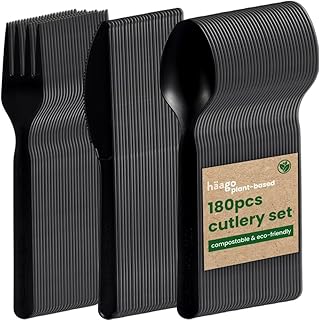 HAAGO 180-tlg. Besteckset Kompostierbar (60x Messer, 60x Gabeln, 60x Löffel, Schwarz) - Umweltfreundlich Ideal für Catering & Hochzeiten