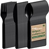 HAAGO 180 Couverts Réutilisables en PLA Noir 18 cm / 7' (60 Fourchettes...