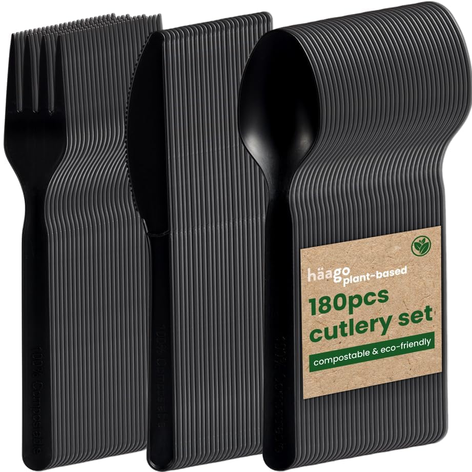 HAAGO 180 Couverts Réutilisables en PLA Noir 18 cm / 7