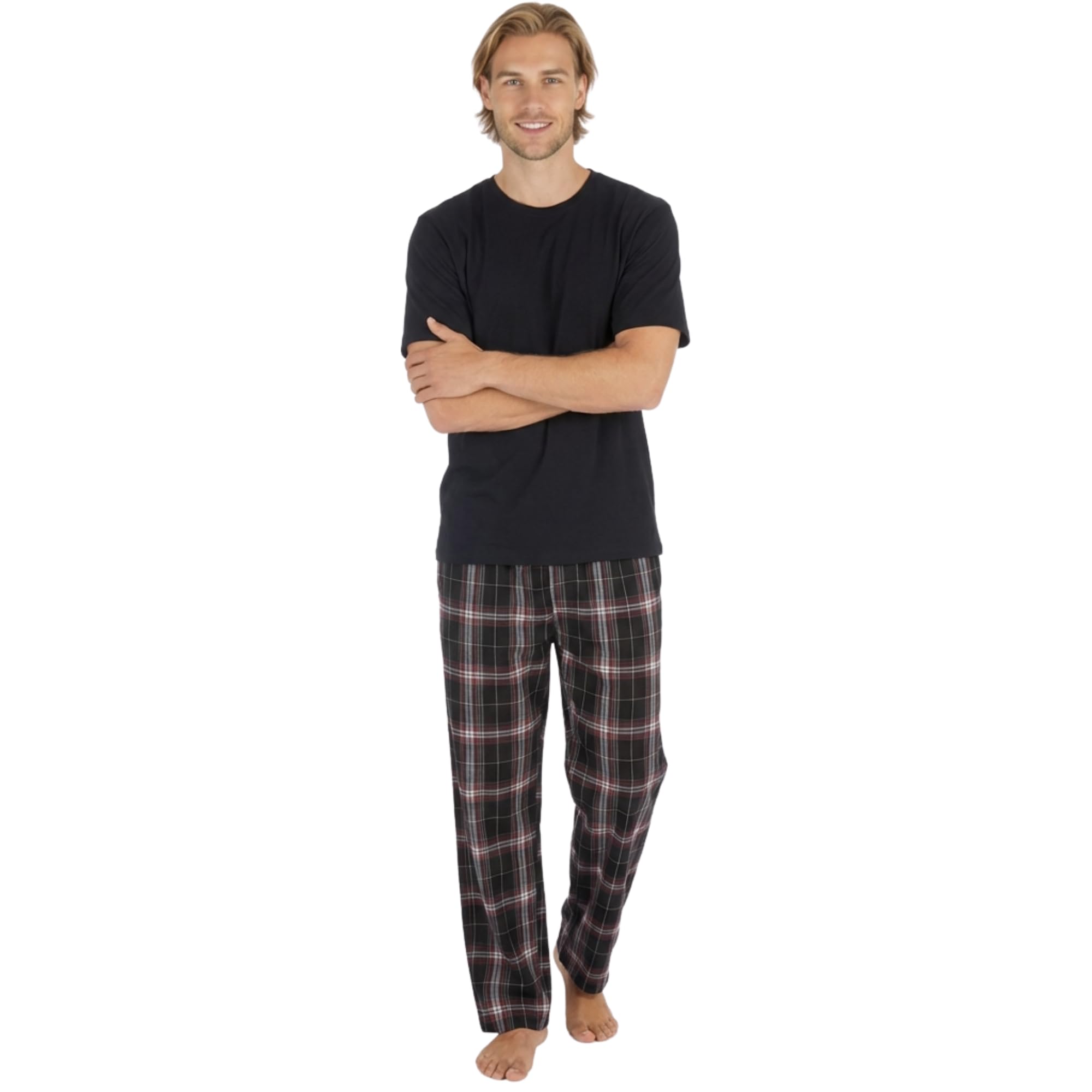 INSIGNIA Mens Pyjamas Set Short Sleeve Top & Woven Long Bottoms Pants (UK, Alpha, XXL, Regular, Regular, Black)