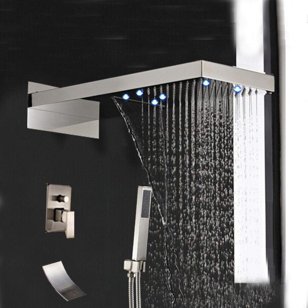 DFGHNBVC Led Brushed Nickel Waterfall Rain Shower Faucet Tub Spout Hand Shower Set Mixer