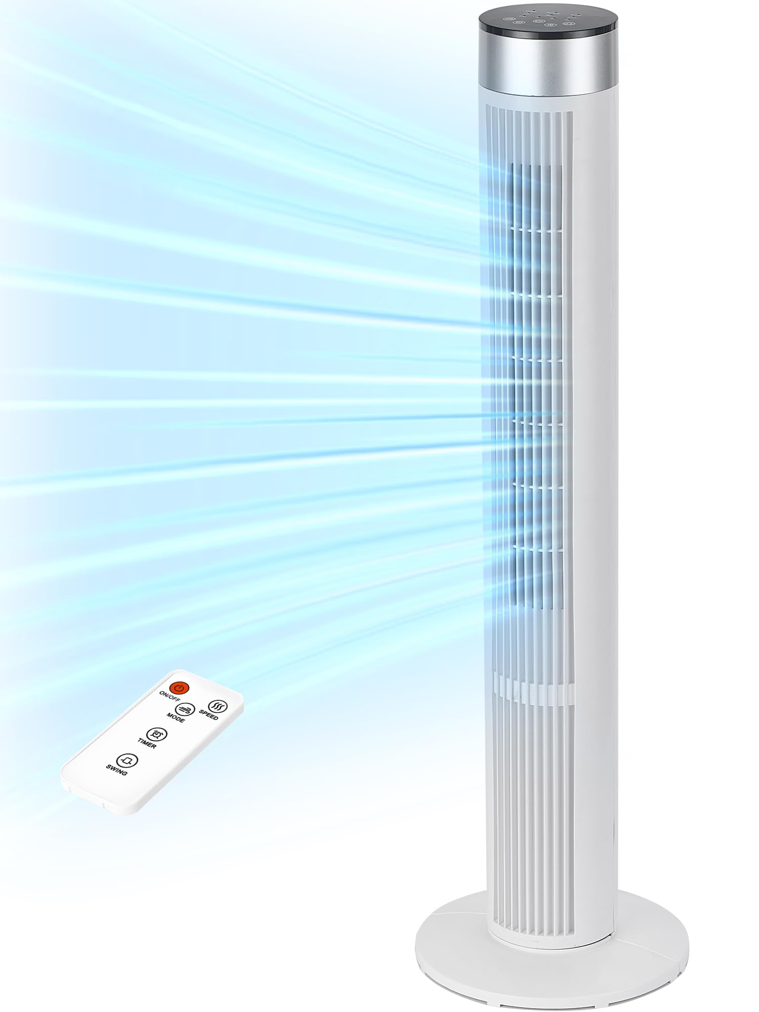 38 Inch Tower Fan for Bedroom, 24ft/s Fan with Remote, 80° Oscillating Bladeless Standing Fan with 3 Speeds, 3 Modes, 7.5H Timer for Room, Bedroom, Office