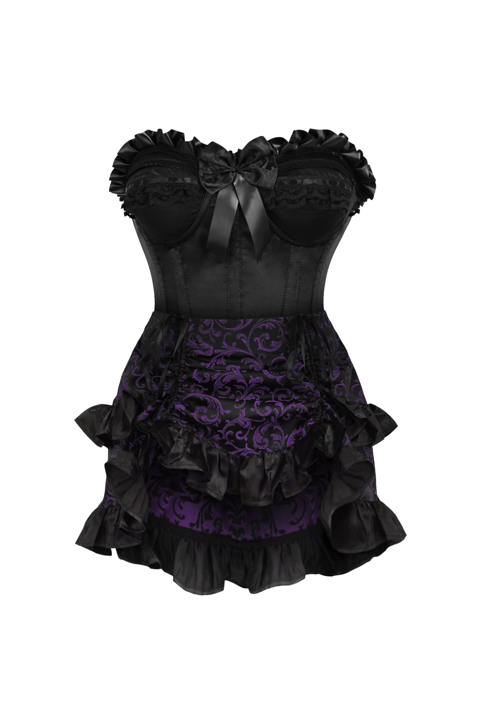 Daisy corsets womens Daisy Corsets Top Drawer 2 Pc Black Satin Steel Boned Burlesque Corset Purple Brocade Skirt