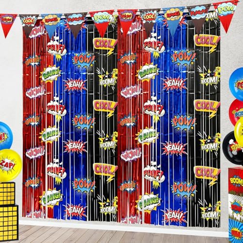 Image of Hero Foil Fringe Curtains Backdrop Birthday Party Decorations, 6 Pack 3.28 x 6.56 Ft Red Blue Black Foil Fringe Curtain Tinsel Streamer Photo Booth Props Hero Themed Birthday Party Supplies Favors