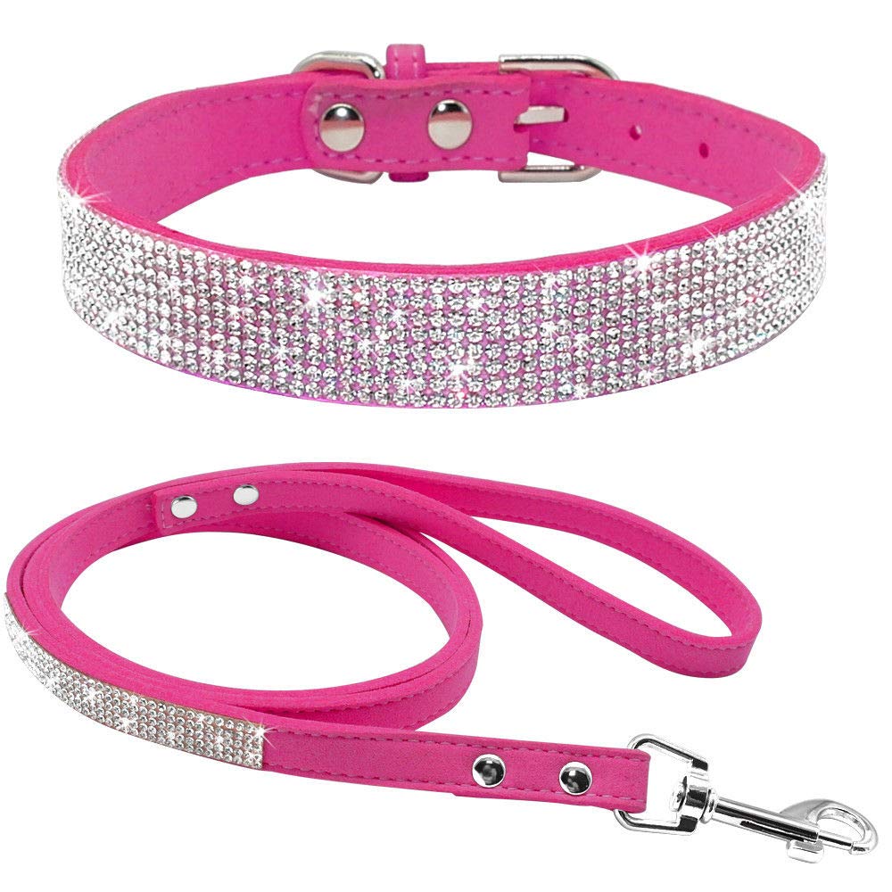 Haoyueer Cute Dazzling Sparkling Elegant Fancy Soft Suede Leather Bling Rhinestone Crystal Jeweled Pet Cat Dog Puppy Collar Dog Leash Combo Set(Hot