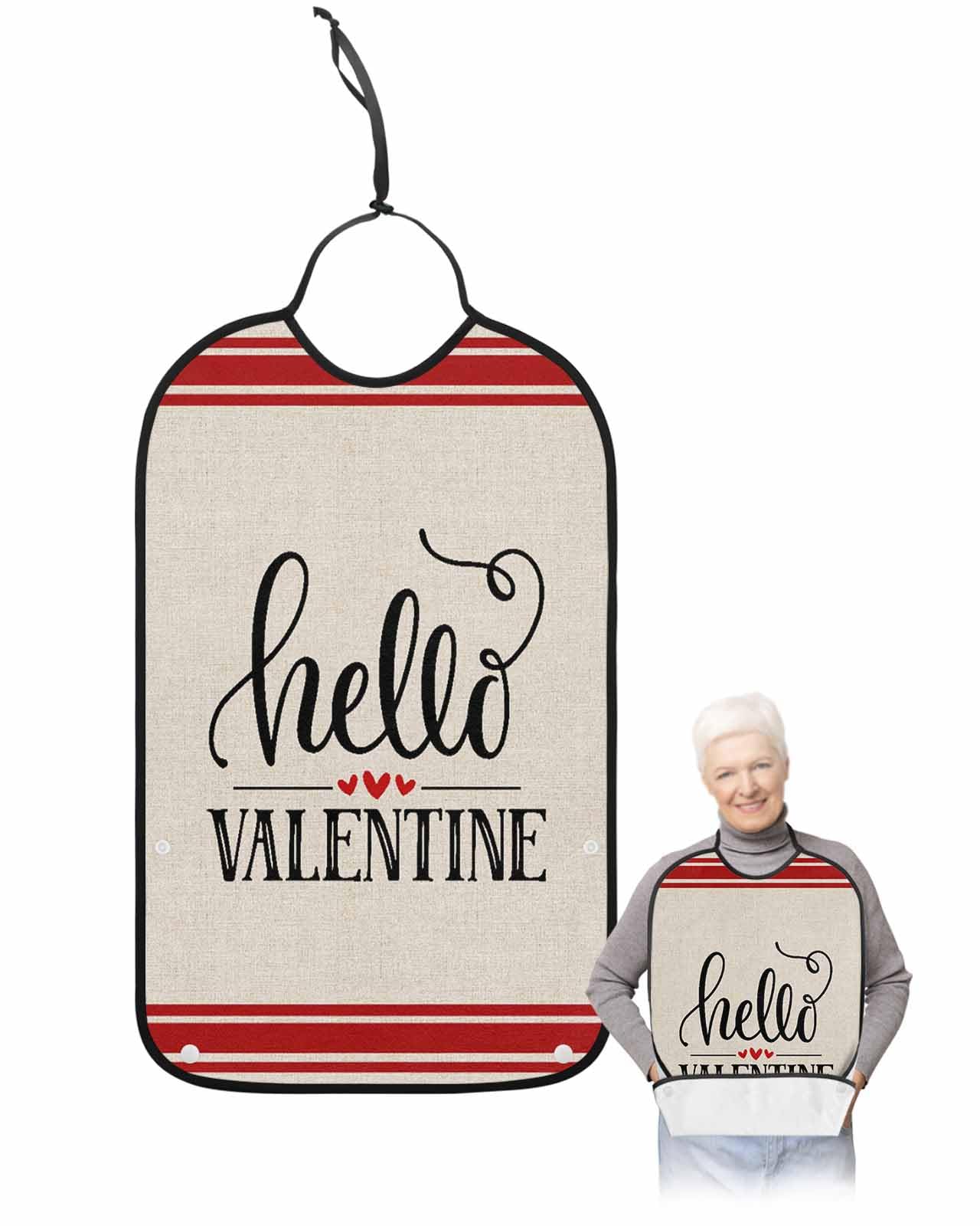 LEOKOTI Hello Winter Adult Bibs for Eating, Waterproof Bibs with Food Catcher & Adjustable Snap Closure, Valentines Love Heart Red Striped Washable Clothing Protectors Adult Bibs for Elderly