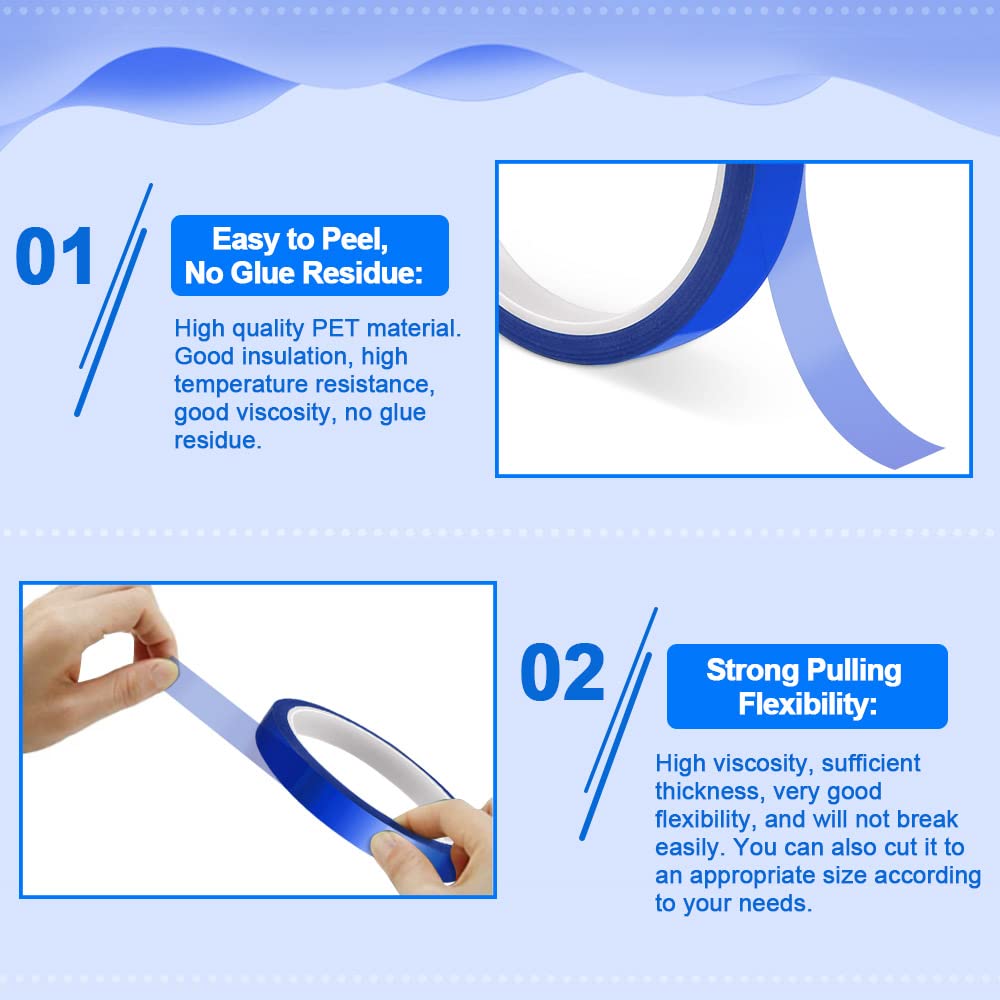 5 Rolls Heat Resistant Tape – 10mm X 33m, Blue PET Tape, Resistant Up To 180°C, No Residue, For Electronics, Crafts, 3D Printing & Heat Transfer