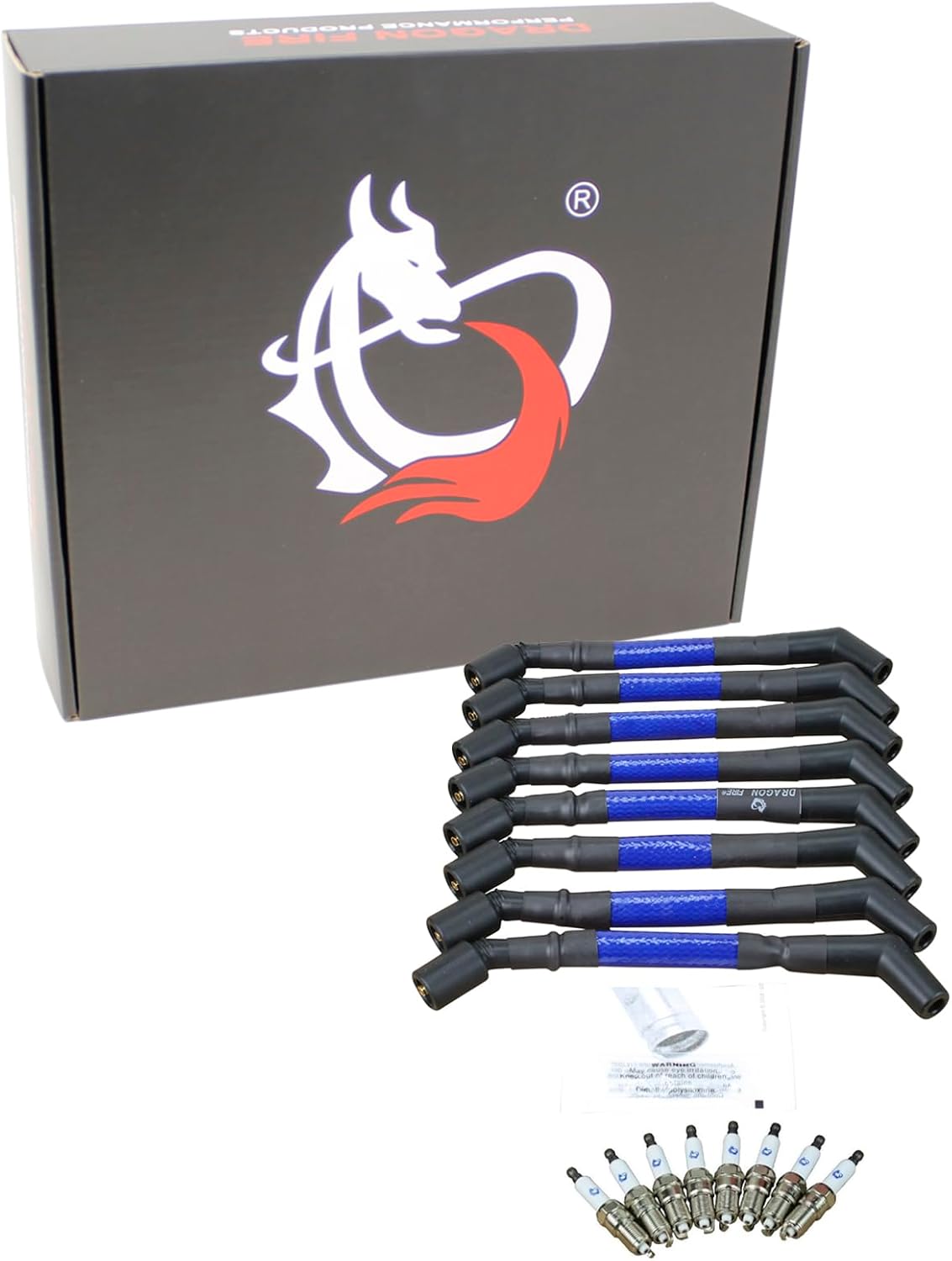 AIP Electronics New Dragon FIRE Performance Power Pack with Spark Plugs & 9.5" Fiberglass Sleeved Plug Wires Compatible with 2014-2021 Cadillac Chevy & GMC 5.3L 6.2L 6.6L V8 OEM Fit Kit-1451