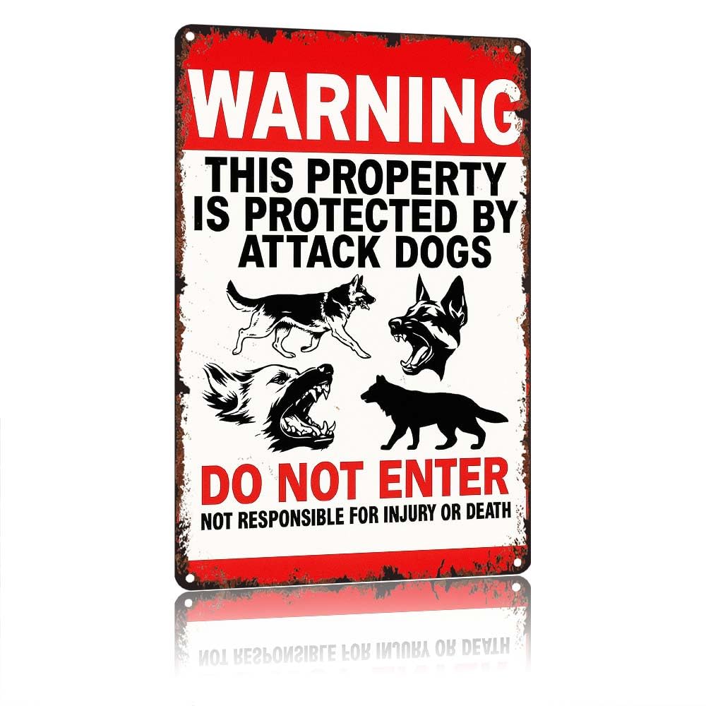 WARNING This Property Is Protected By Attack Dogs DoEnter 12X8in Vintage Aluminum Metal Sign, Waterproof Rustproof Vintage Warning Wall Decor Tin Plaque For Home Garden Fence Yard Outdoor Security