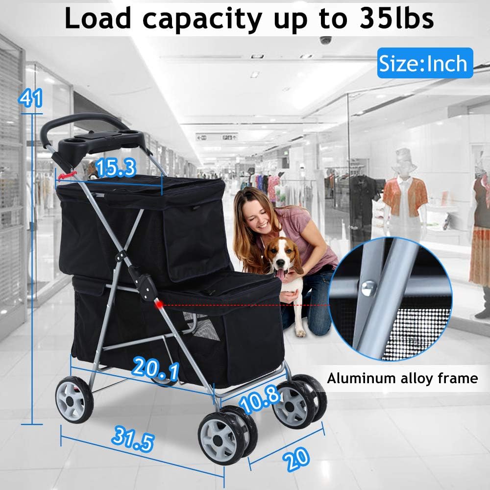4 Wheel Pet Stroller for Small and Medium Dog Cats, Double Dog Stroller with Cup Holder, Folding Travel Cage for 2 Puppies or Two Kittens, Black