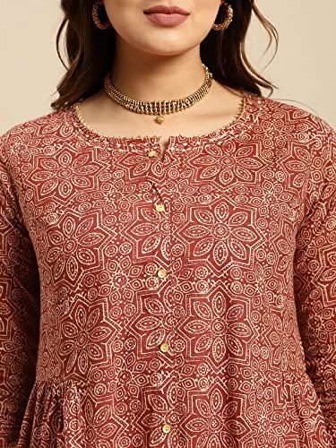 Image of rangita Cotton Calf Length Printed Tiered Flared Kurti for Women | Kurta for Women