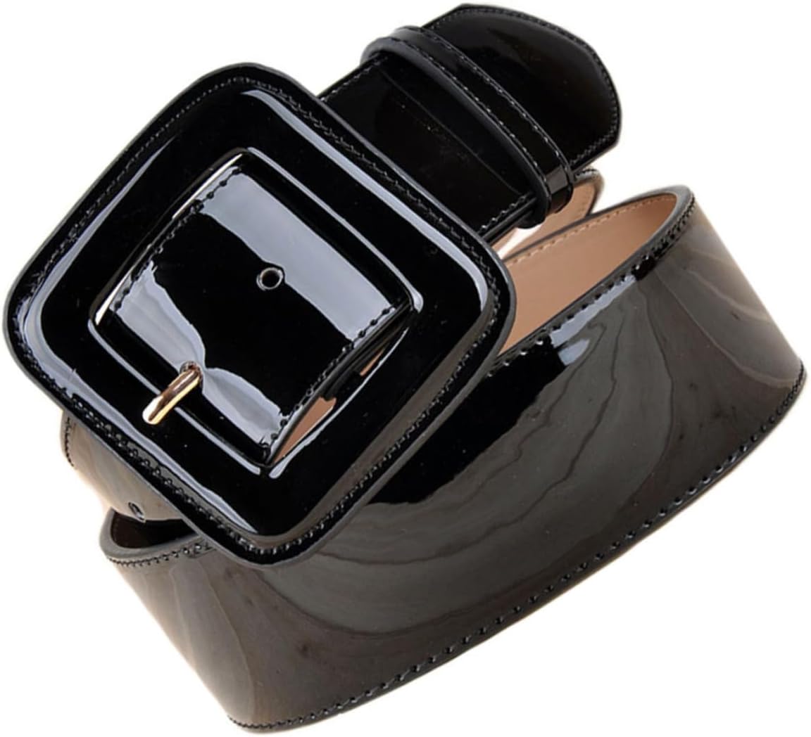 Wide Patent Leather Belt for Women with Adjustable Square Buckle Genuine Leather Back European Style Waist Corset Belt for Dresses Jeans Trousers