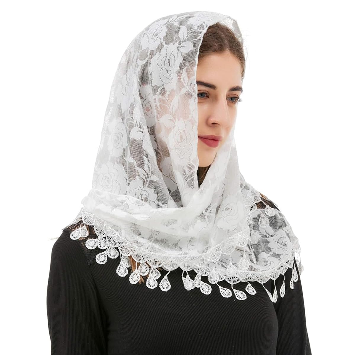 Triangle Lace Mantilla Veil, Cotton Head Scarf Church Veil Mass Veil for Women, Embroidery Rose Tassel Ladies Cathedral Head Covering for Mass Wedding Bridesmaids