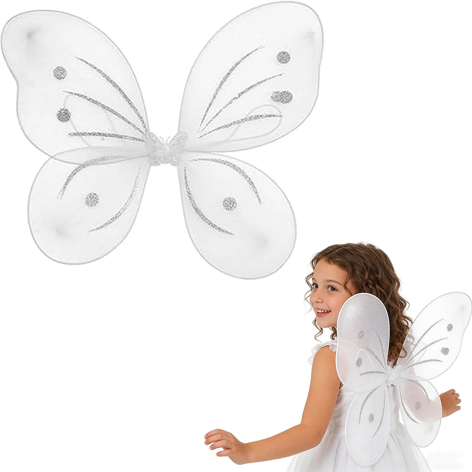 MAIKAOZAI Enchanting Fairy Wings – Sparkle Butterfly Wings with Elastic Straps, Cosplay Costume Accessory for Fantasy Parties, Festivals, Halloween & Dress-Up Events White