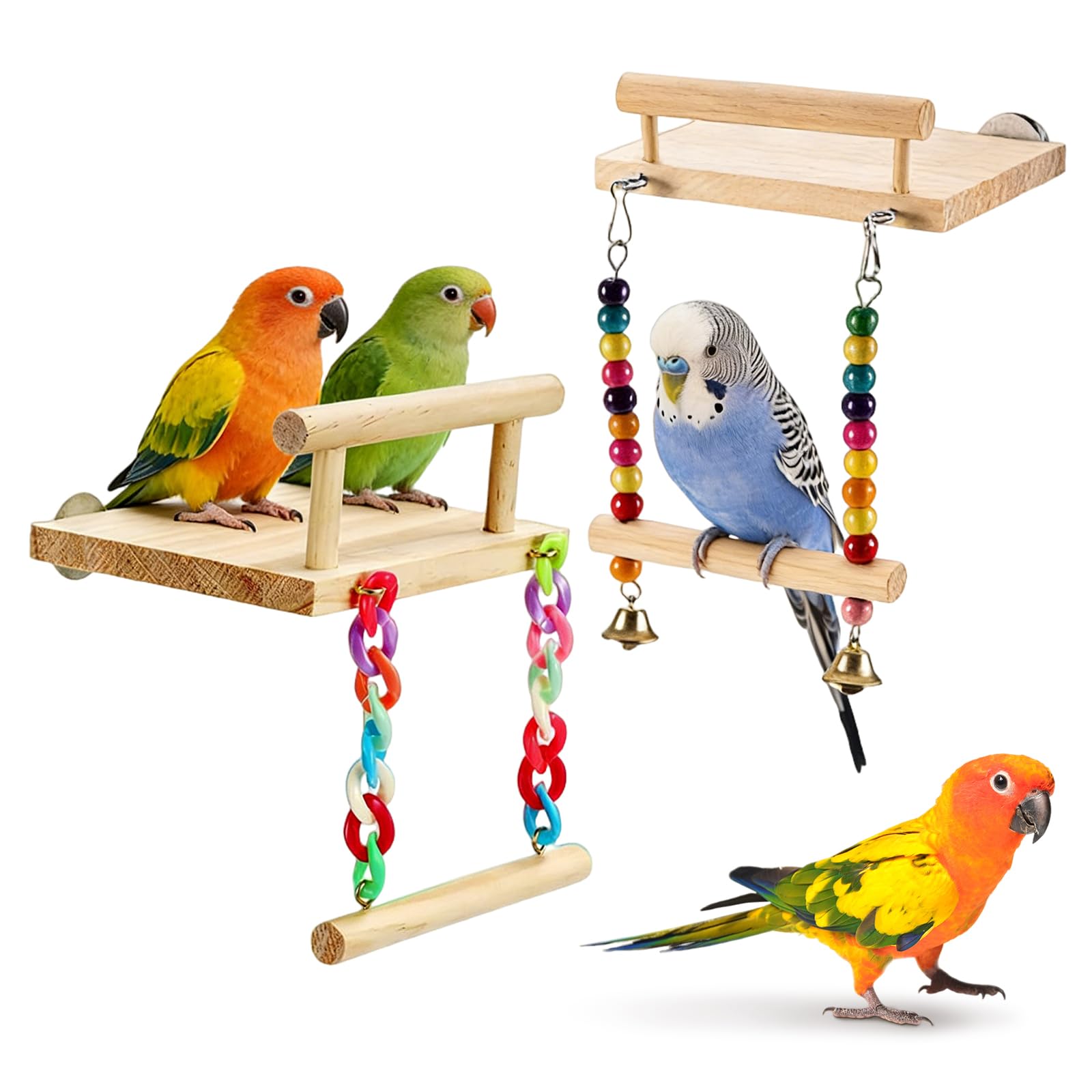 2 Pezzi Posatoio Per Pappagalli,Posatoi Uccelli,Accessori Pappagalli, Altalene In Legno, Fringuelli, Posatoi Parrocchetti (Con Campanelli)