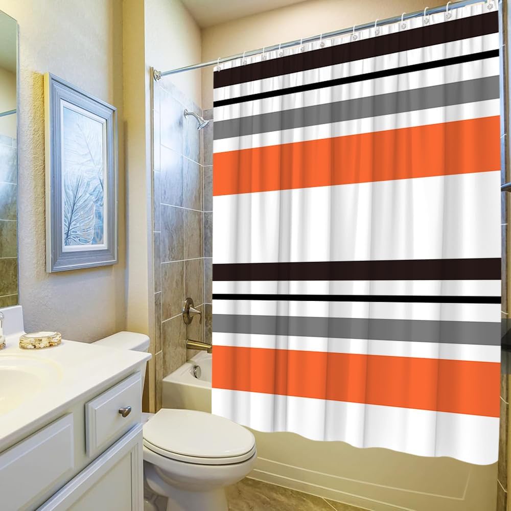 Orange Stripe Shower Curtain Black White Grey Abstract Geometric Modern Contemporary Simple Fashion Mid Century Bathtub Bathroom Accessories Set Polyester Fabric with Hook 70Wx70H Inch