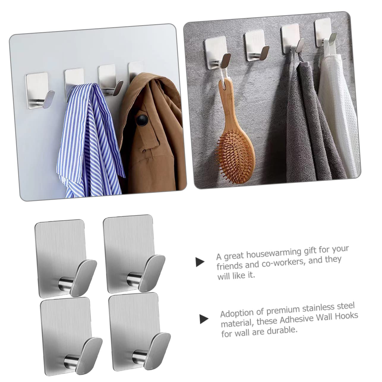 VASDEV 8 ganchos adhesivos de acero inoxidable para montaje en pared, ganchos de almacenamiento para ropa, ganchos para toallas, organizador de llaves, gancho individual para abrigos, gan