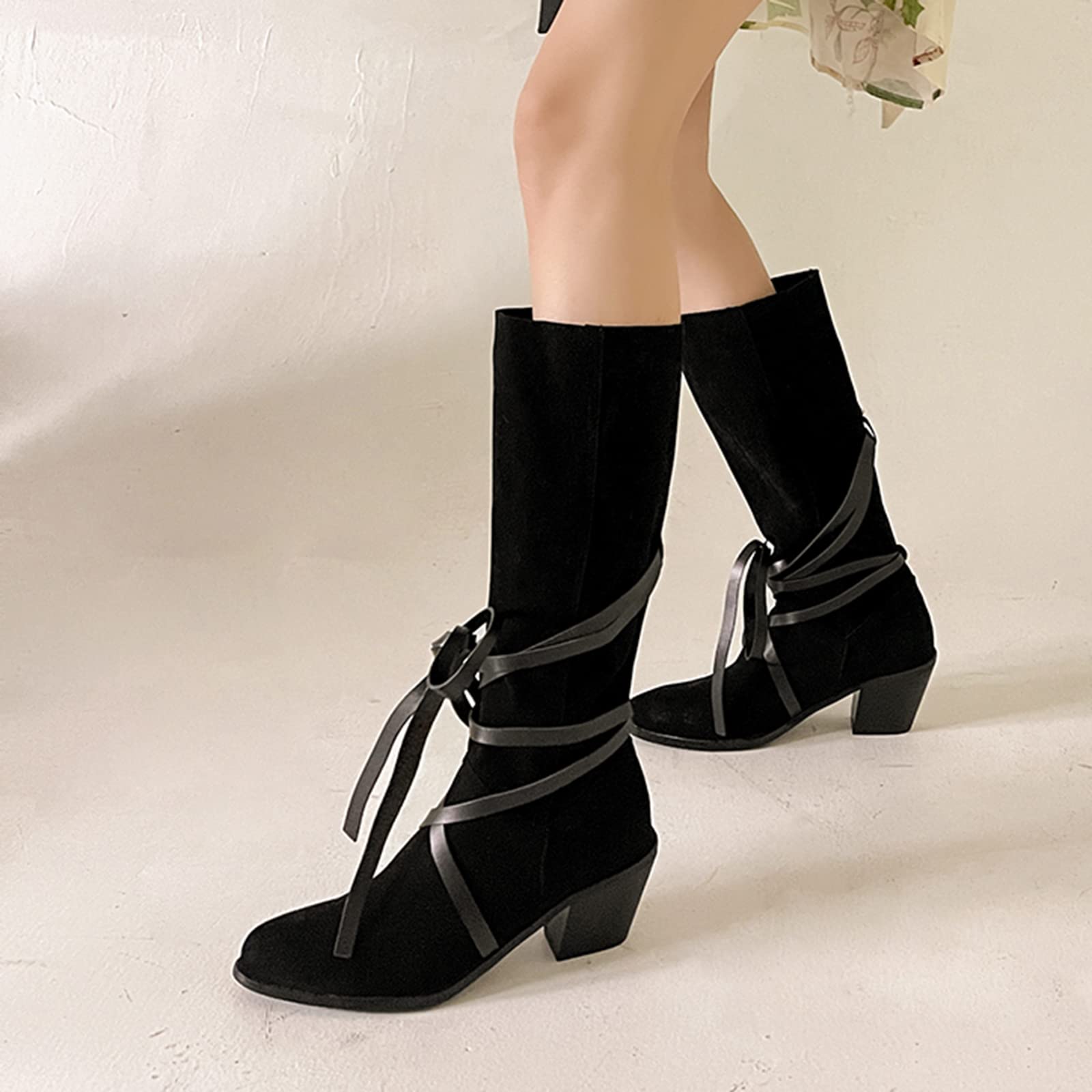CUTEHEELS Damskie buty w stylu vintage, wsuwane na kolanach, wysokie i średnie łydki, z obcasami blokowymi i spiczastym noskiem, czarny, 42 EU
