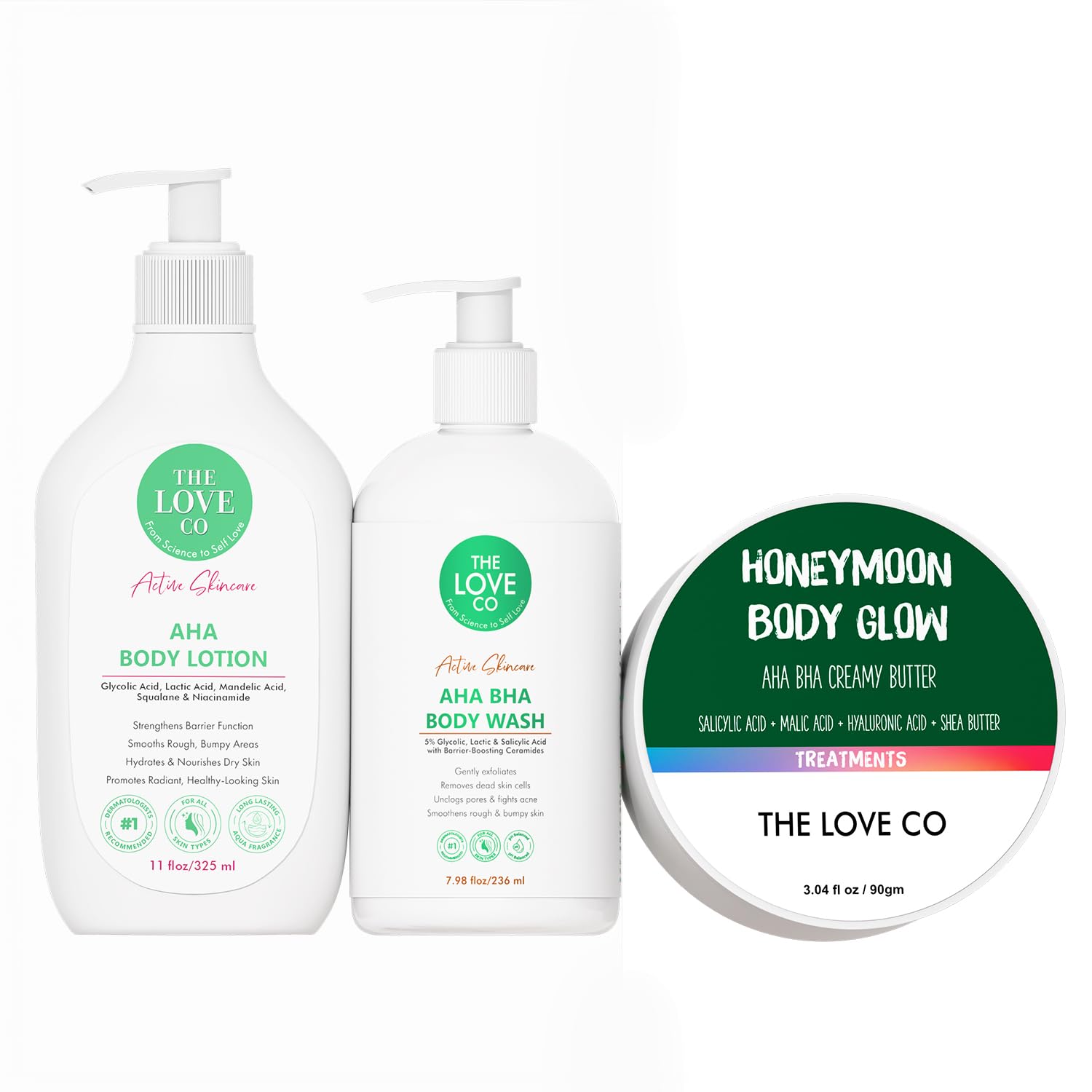 THE LOVE CO. 10% AHA & 2% BHA Body Wash + Body Lotion + Body Butter | Enriched with Niacinamide & Grapefruit | Targets Acne, Dark Spots & Rough Skin | Sulphate-Free, Unisex | Pack of 3