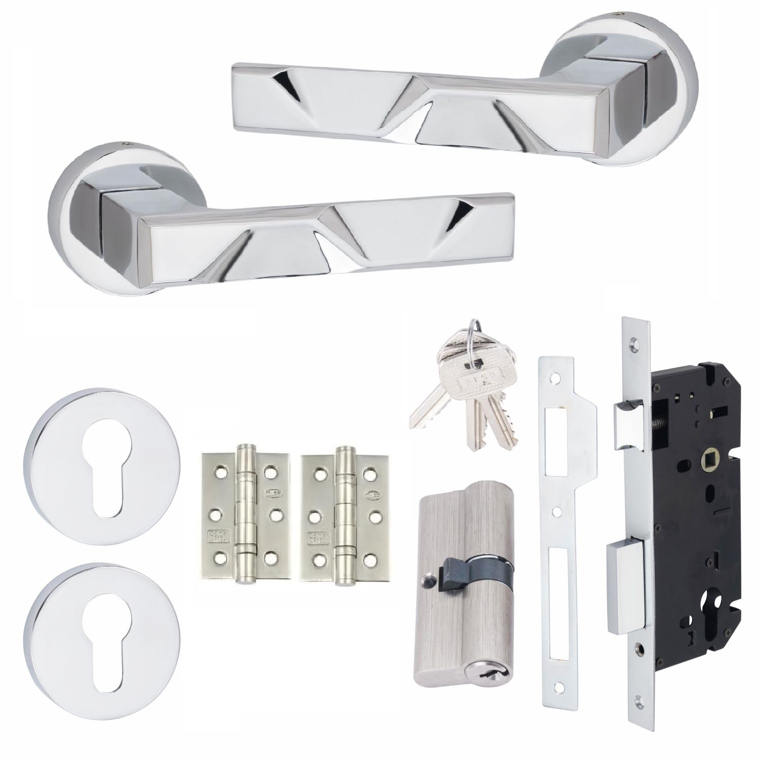 Golden Grace Polished Chrome Modern Nova Euro Lock Door Handles In Finish With 70Mm Key & Key Barrell