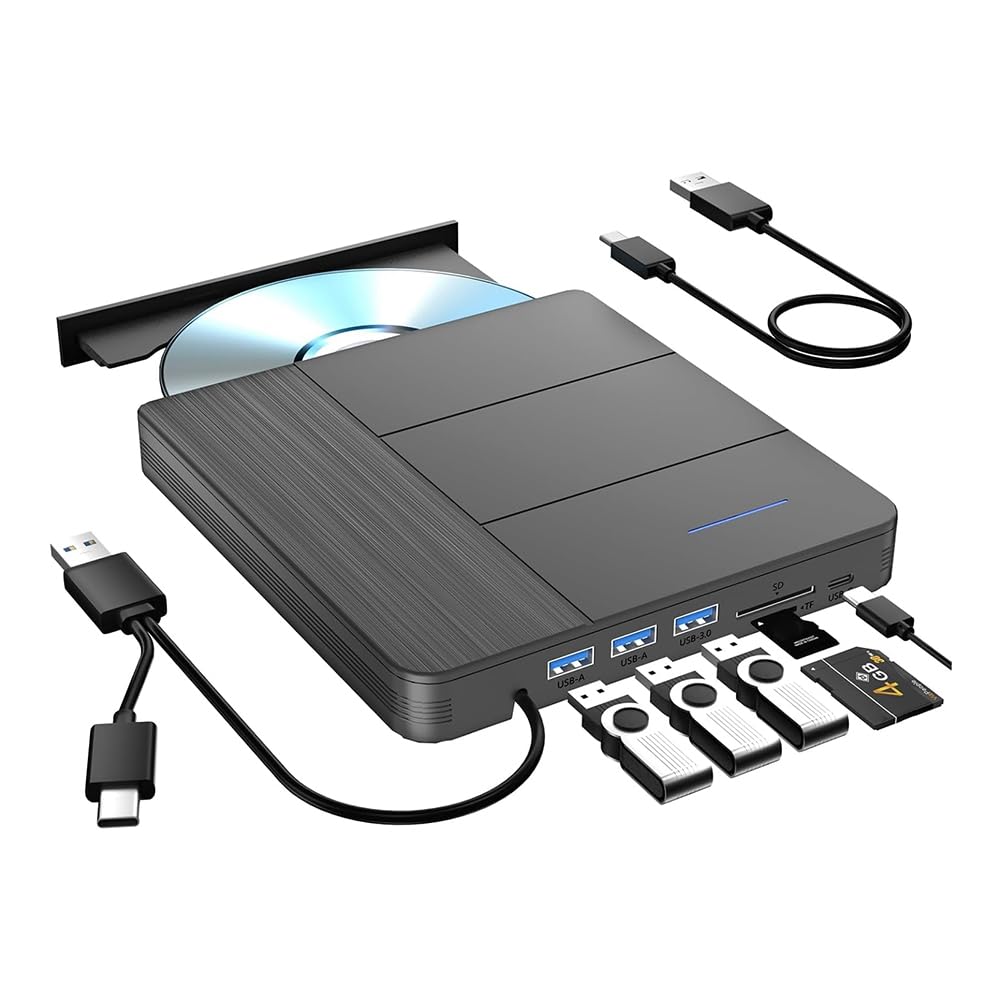 Lecteur Blu-Ray Externe 7 en 1, Compatible avec Les Disques R/W, BD, DVD, CD, Graveur Portable, USB 3.0, Emplacement pour Carte SD/TF