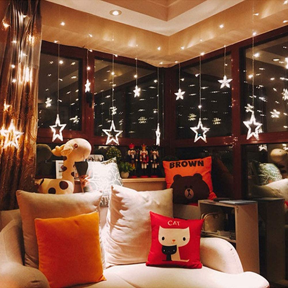 Cadena de luces LED para cortina, funciona con pilas, 2,5 m con 12 estrellas, 138 luces LED, 8 modos de luces de Navidad para árbol de Navidad, fiesta, boda, dormitorio, decoración de Navidad (blanco)