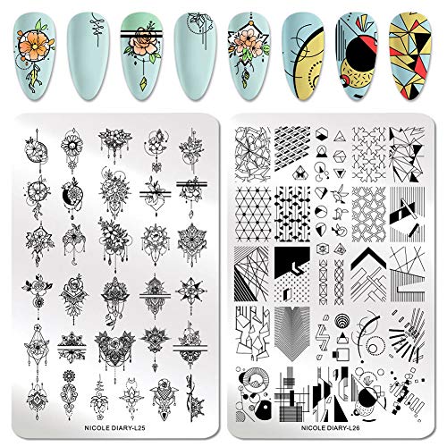 NICOLE DIARY 2 piezas XL placas de estampado de uñas textura imágenes de flores plantillas grandes rectángulo herramientas de manicura de uñas de acero inoxidable