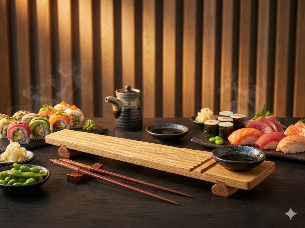 Genérico Set Sushi Premium (2 Tablas) de Madera Maciza FSC + 2 Cuencos Cerámicos + 4 Palillos | Aceite natural mate | Roble/Nogal/Iroko – Hecho a Mano (Madera Iroko)