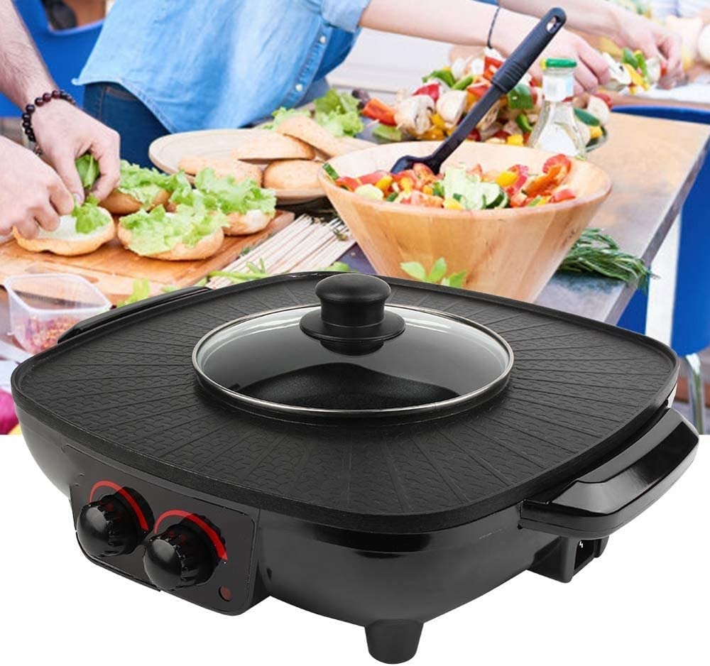 GeRRiT Electric Grill with Hot Pot, 2 in 1 Indoor Non-Stick Electric Hot Pot and Griddle for Korean BBQ, Steaks, Shabu Shabu and Noodles, Independent Fast Heating