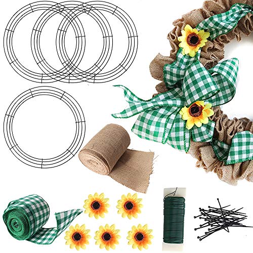 4 Pack Wire Wreath Frame 14 Inch Wreath Form Wreath Ring for DIY Crafts with 8.7 Yard Wide Burlap,6.6 Yrad Green Ribbons,Green Flexible Paddle Wire,Zipties 20pcs,Sunflowers 5pcs Wreath Making Kit