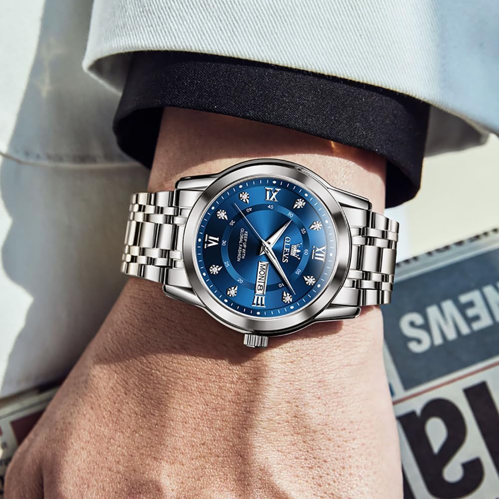 OLEVS Stainless Steel Classic Watches, Large Face Quartz Dress Watches for Men, Easy to Read Men's Waterproof Watch with Day and Date, Blue/Black/Silver/Gold/Grey Dial - Image 3