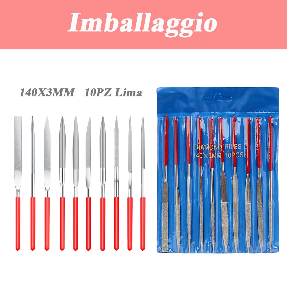 Set di Lime Diamantate, Set 10 Pezzi, Lime Abrasivi Sagomate Speciali per Acciaio, Ceramica, Vetro, Cuscinetti e Stampi con Impugnatura Antiscivolo