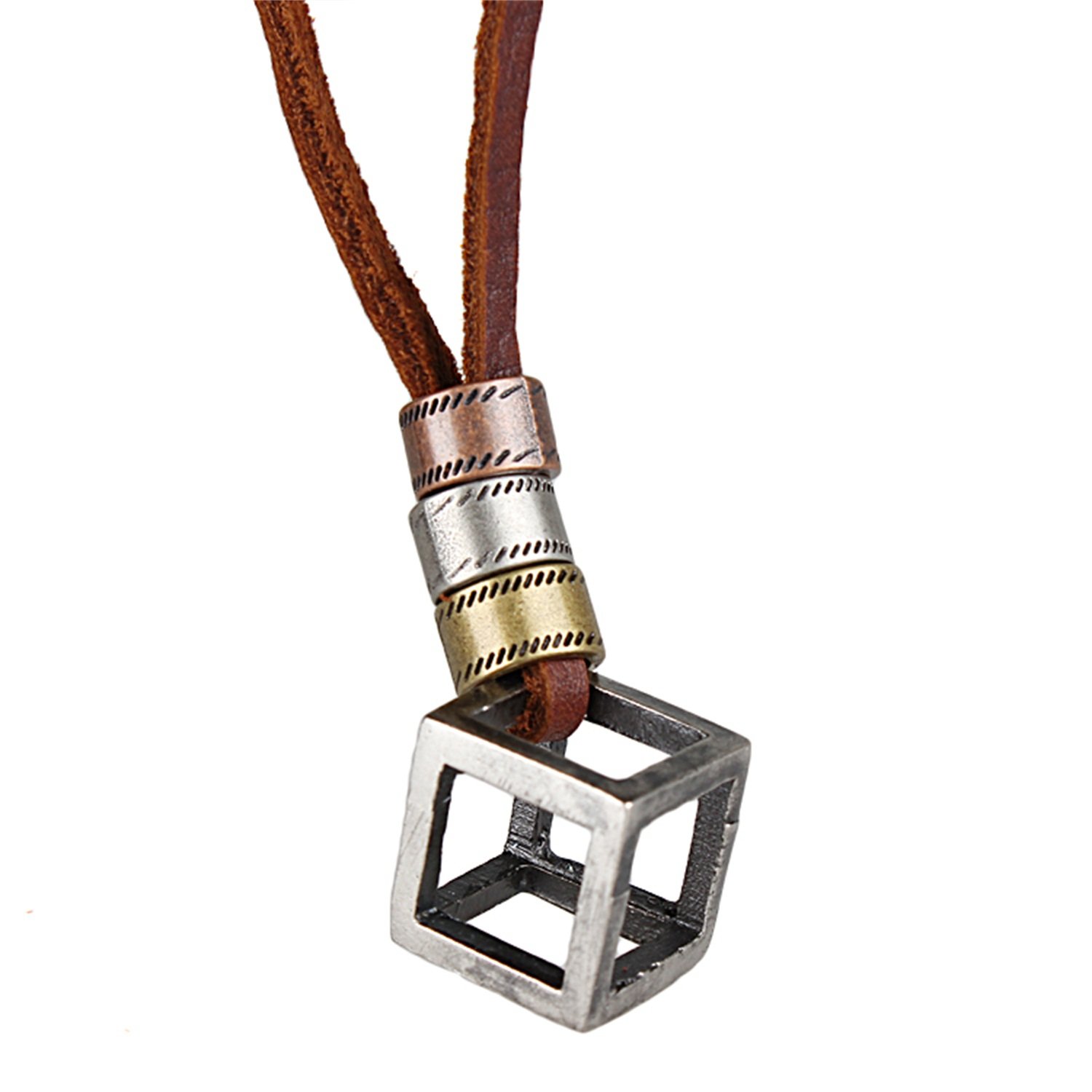 Zeephee Alloy Vinatge Rings Open Cube Pendant Necklace for Men Women Leather Cord Chain Adjustable