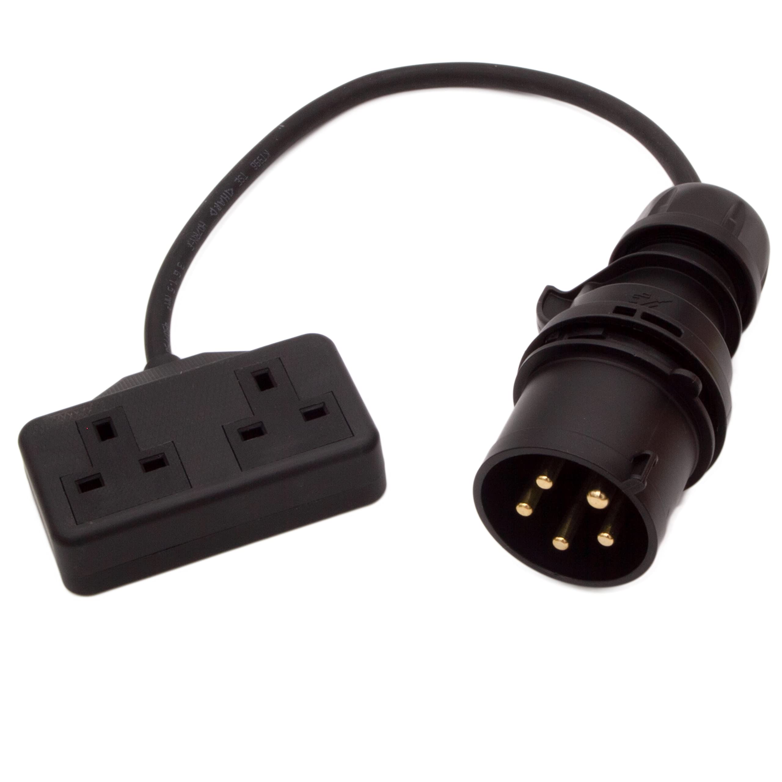 HDIUK Phase-1 400v 3-Phase CEE Plug to 240v L1 Fly Lead Converter (Black 16A 400v Plug to Heavy Duty Twin 13A Sockets)