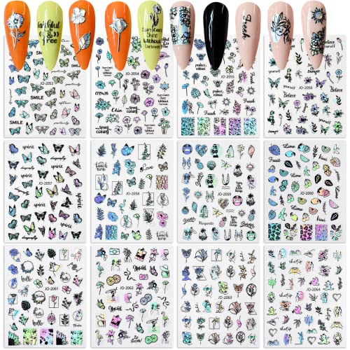 12 Blatt Nagelkunst Aufkleber für Nail Art Blumen Schmetterling Nail Art Sticker,Laser Schmetterlings Nagel Designs, 3D Schmetterlings Blumen Gras Frucht selbstklebender Nagel Kunst Aufkleber Cover