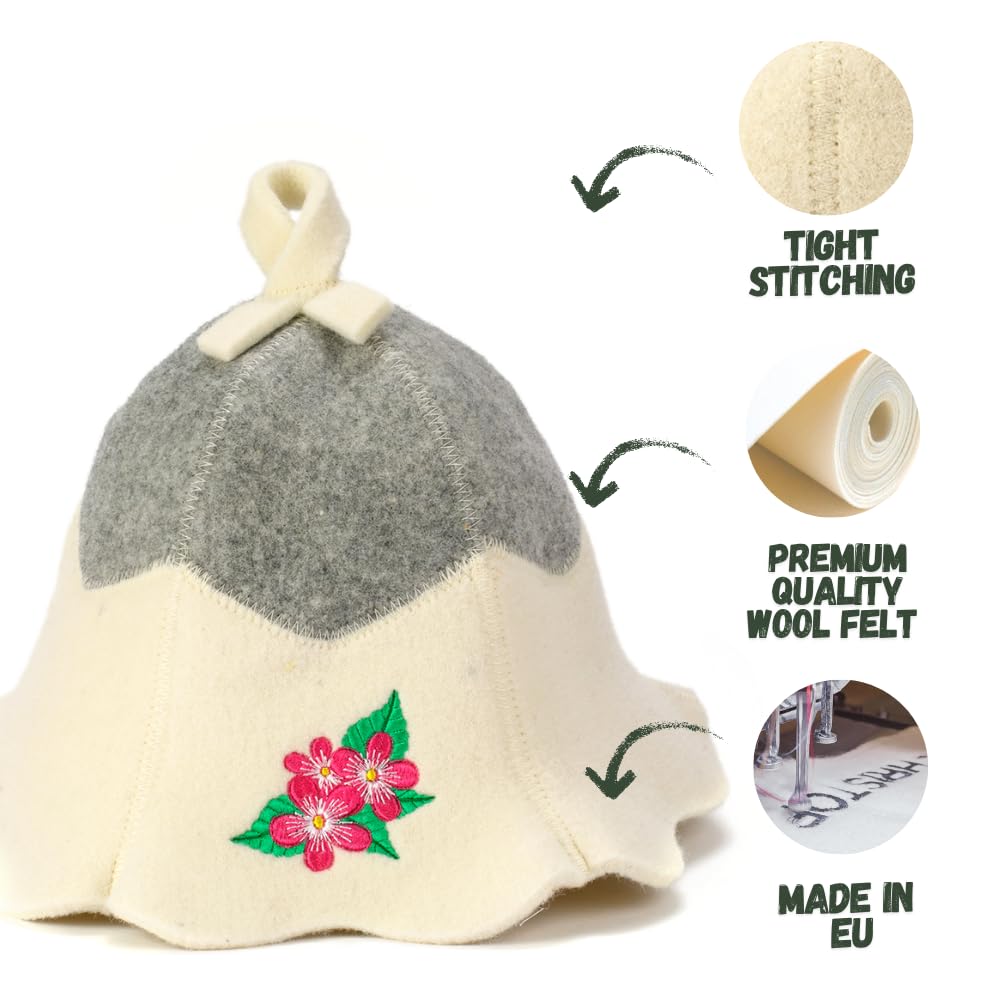 Saunahut 'Sauna Flower' White - 100% organische Wollfilzmützen - Schützen Sie Ihren Kopf vor Hitze - Englische Sauna E-Book Handbuch inklusiv - mit Stickerei