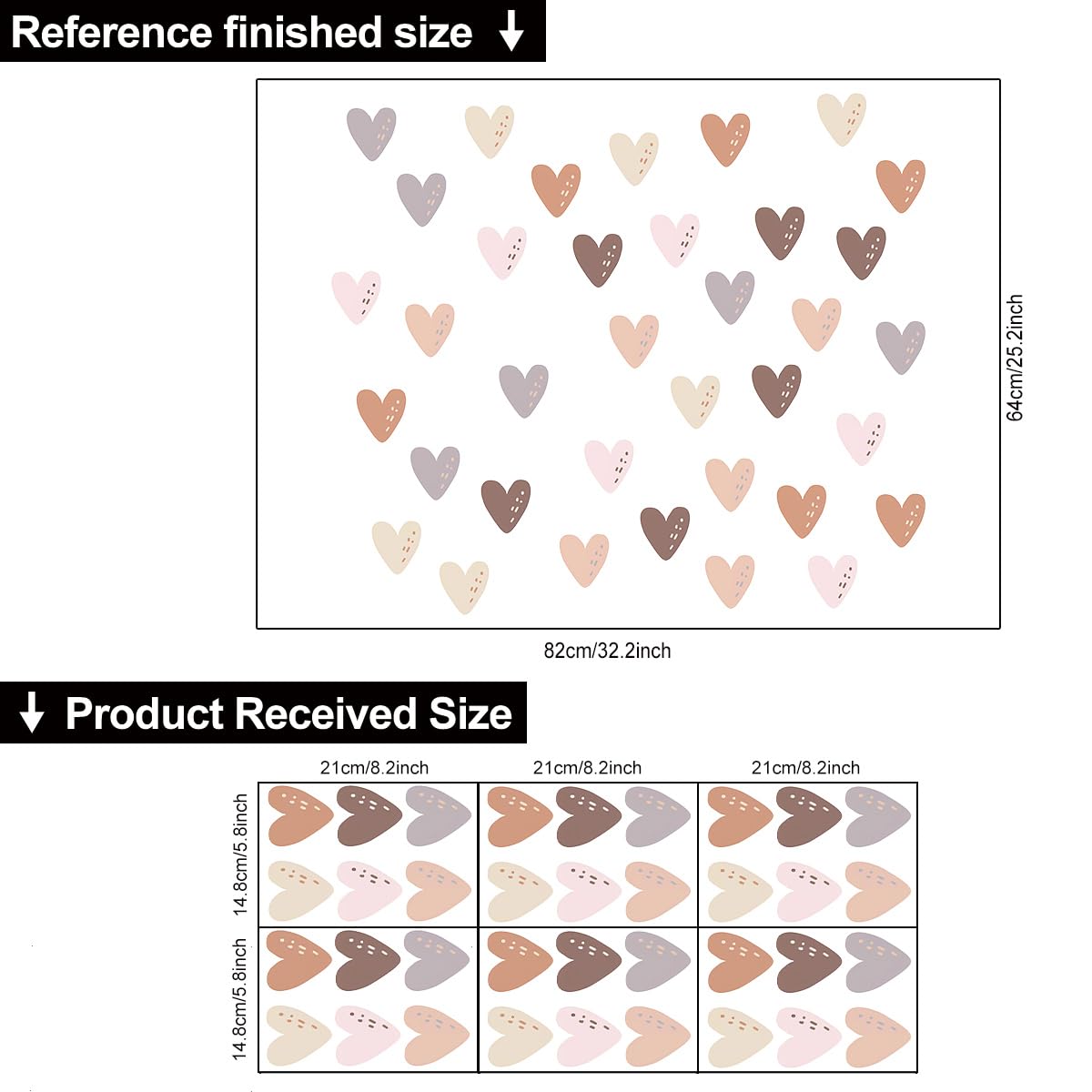 Kibi Wall Stickers Hearts Decorative Pattern, Pastel Neutral Colours, 82 x 64 cm, 6 Sheets 21 x 14.8 cm (C) - Image 2