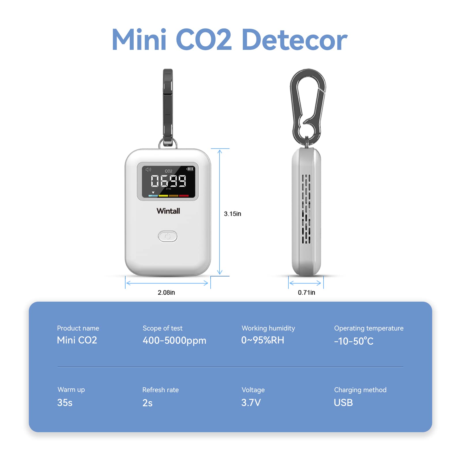 Mini Détecteur de CO2, Moniteur de Qualité de l'air, Moniteur de CO2 élégant et Léger Que Vous Pouvez Utiliser n'importe où