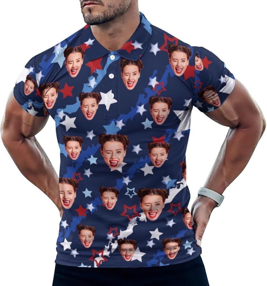Custom Polo Shirts Personalized Face Hawaiian Golf Shirts for Men with Tropical Leaves Button Up Bowling Shirt