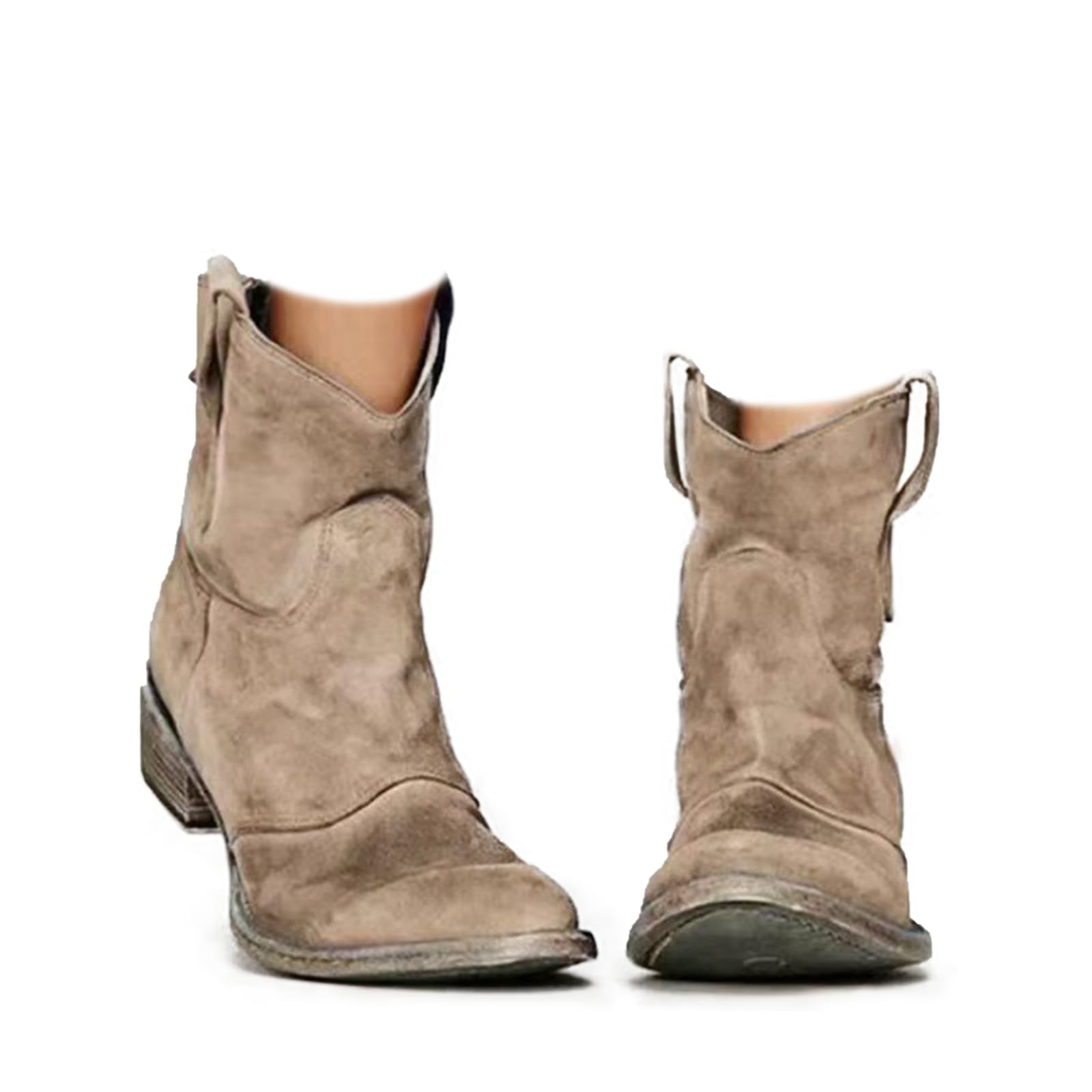 Suede Ankle Boots for Women Western Cowboy Ankle Boots Round Toe Mid Heel Slip On Back Zipper Mid