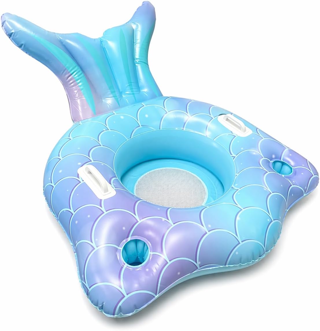 Premium Thickened Mermaid Pool Float for Kids - Inflatable Mermaid Tail Lounge Raft with Cup Holders, Backrest, Mesh Bottom and Handles Summer Water Fun Beach Party Swimming Pool Toys, Blue-to-Purple