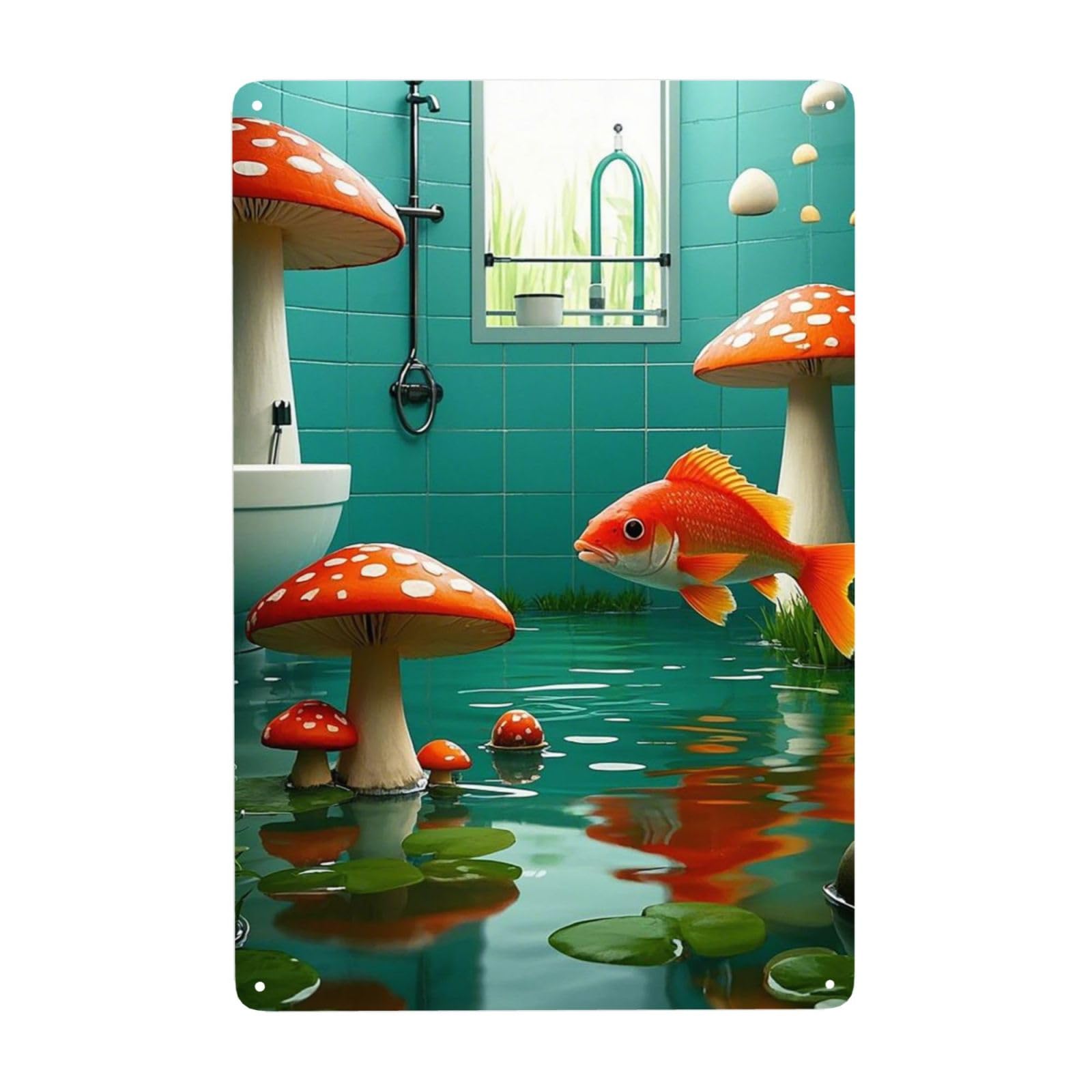 Vintage Metal Tin Signs Retro Garage Signs Stylish Wall Art Plaques for Home Decor Unique Poster 8x12 Inch Redfish and Mushroom Fantasy River Belt Ponds Metal Sign Outdoor Wall Decorations Gifts