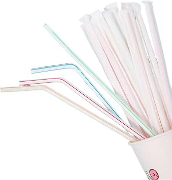 500-Pack 8.3 Inch Disposable Bendable Plastic Straws - Food Grade PP, Individually Wrapped Straws, for Drinks, Soda, Boba, Milkshake, Iced Coffee, Juice, Smoothie Colorful stripes