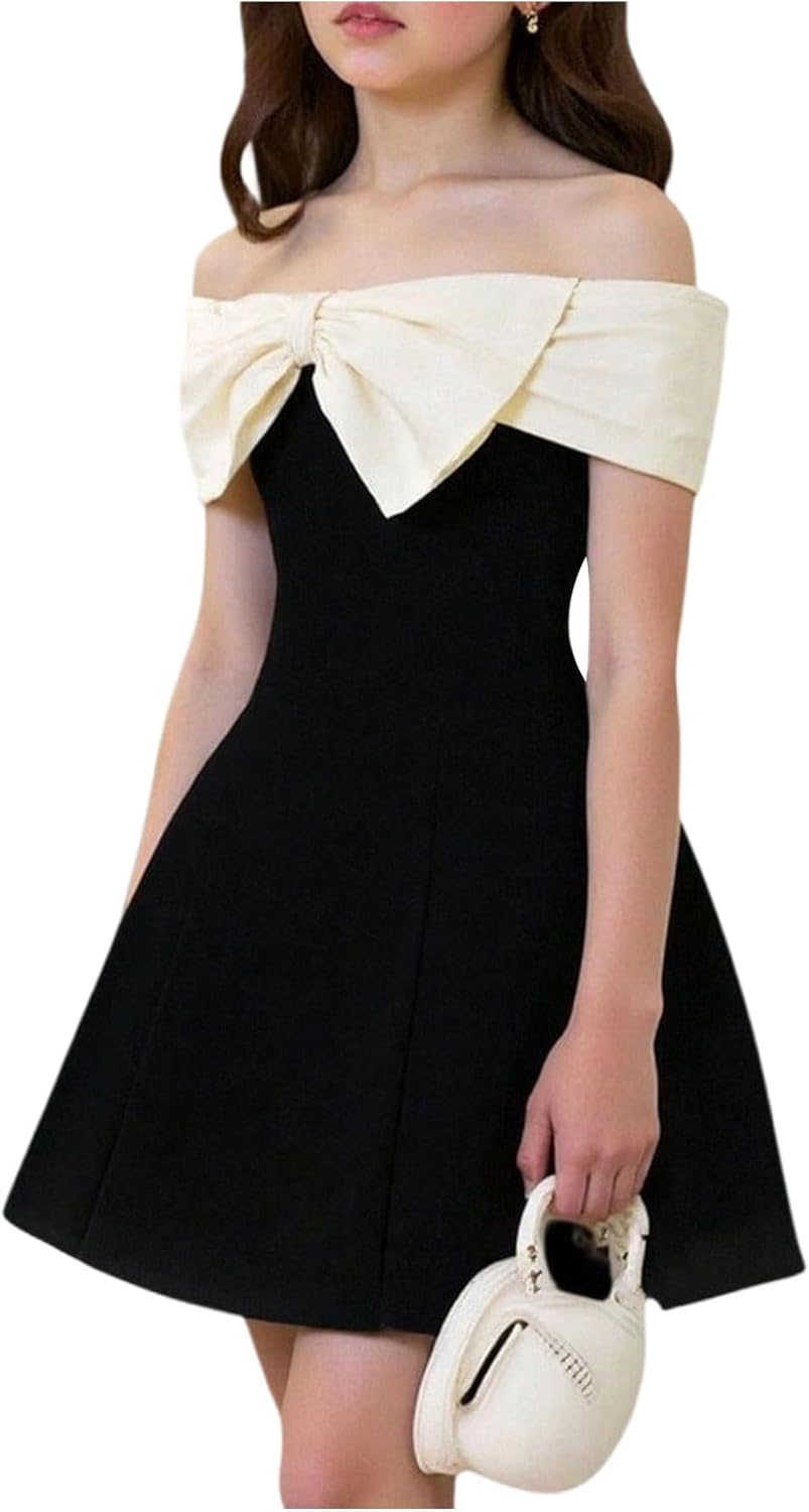 SweatyRocks Girl's Off Shoulder Short Dress Elegant Bow Short Sleeve A Line Party Dresses